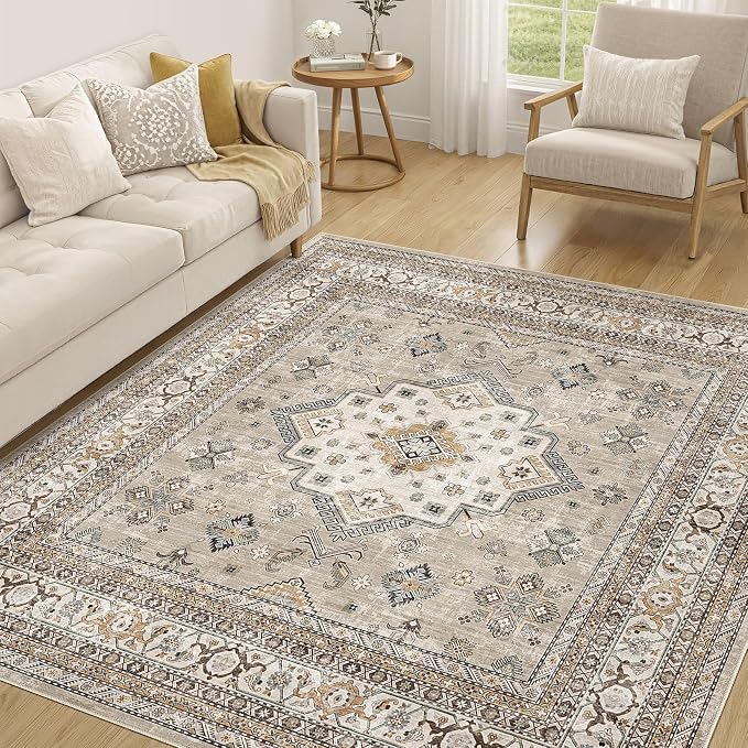 Vintage Living Room Square Area Rug 6x6 - Large Soft Washable Oriental Traditional Distressed Farmhouse Rugs for Bedroom - Indoor Floor Accent Carpet for Home Office House Decor - Beige