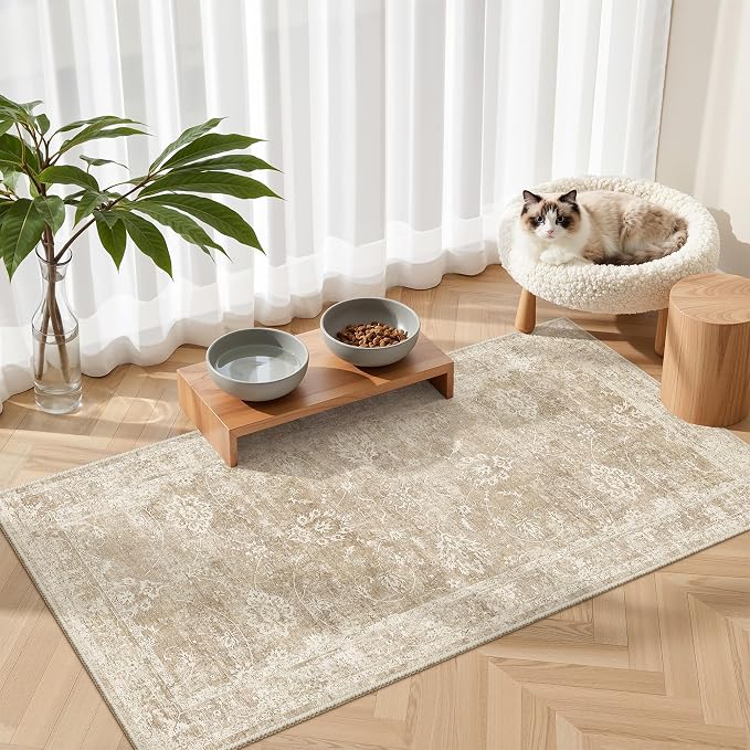 Madane 2x4 Washable Rugs for Entryway, Low Pile Non-Slip Area Rug Kitchen Door Mat, Vintage Soft Throw Neutral Rug Floor Mat for Indoor Front Entrance Bathroom Hallway (2 x 4, Beige/Brown)