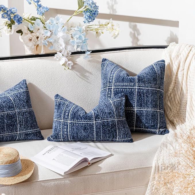 BlissBlush Decorative Lumbar Pillow Covers 12x20 Set of 2, Boho Blue Chenille Accent Rectangular Throw Pillow Covers for Couch Sofa Living Room Home Décor (Cover Only)