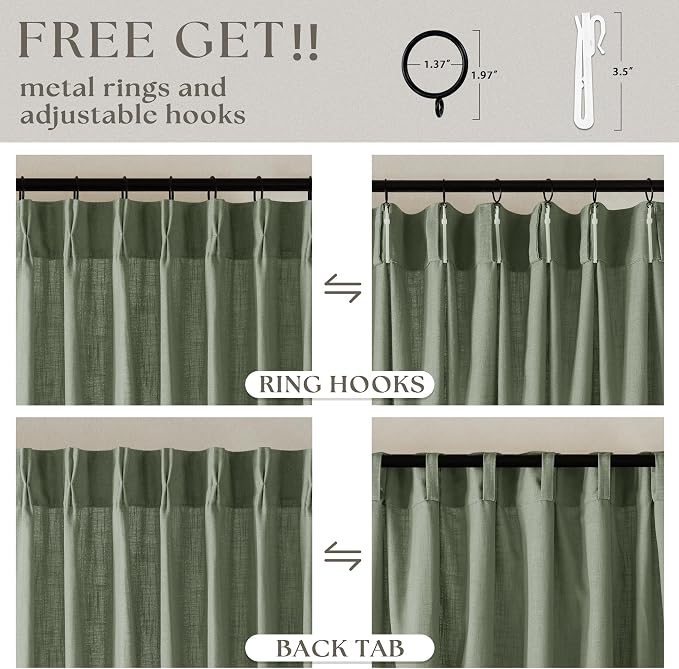 Sage Green Linen Curtains 102 Inches Long 2 Panels for Living Room Modern Thick Linen Flax Pinch Pleated Memory Trained Light Filtering Ceiling Semi Sheer 102 Inch Curtain with Hook Rings Back Tab