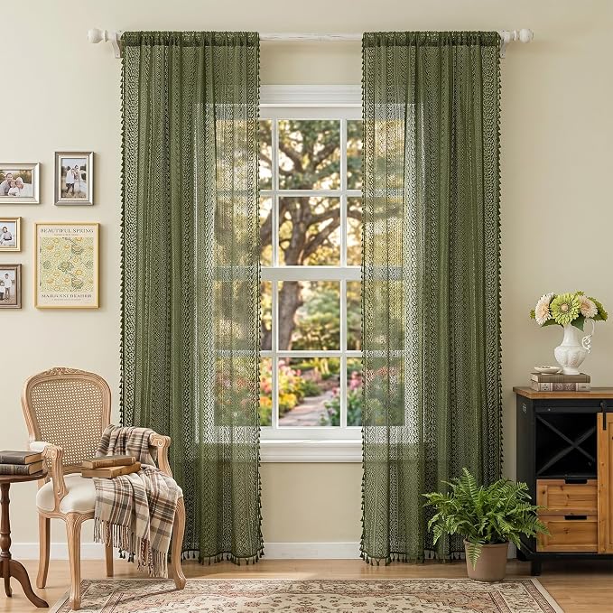 WAZZIO Boho Lace Curtains 84 Inches 2 Panel,Light Filtering Privacy Tassel & Geometry Crochet Semi Sheer Curtain Drapes for Bedroom Living Dining Room,Rod Pocket & Tassel,Olive Green