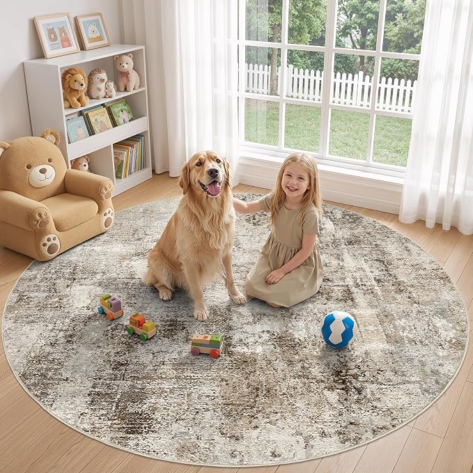 WITSHOCK Area Rugs 8ft Round Living Room Rug - Washable Neutral Soft Low Pile Non-Slip Modern Abstract Thin Large Indoor Carpet for Bedroom Dining Room Nursery Office - Dark Brown