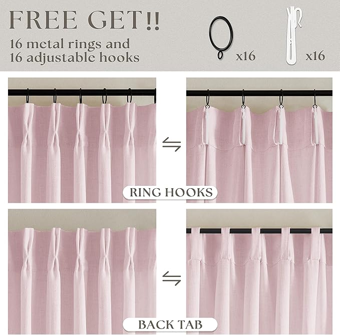 TWODRAPES Pinch Pleated Pink Linen Curtains 120 Inches Long for Girls Bedroom Living Room Light Filtering Extra Long Pleated Semi Sheer 120 Inch Curtains Drape Window Panels Pink Blush Babys Nursery