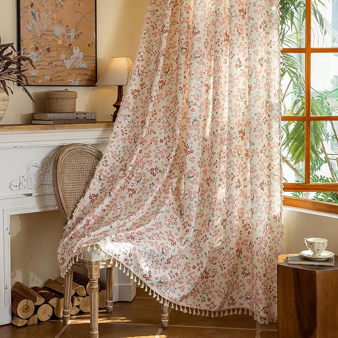 OYX Pink Boho Farmhouse Floral Curtains 96 Inch Long 2 Panels For Living Room, Flower Girl Bedroom Light Filtering Drapes, Vintage Country French Patterned Rod Pocket Aesthetic Decor Window Treatments