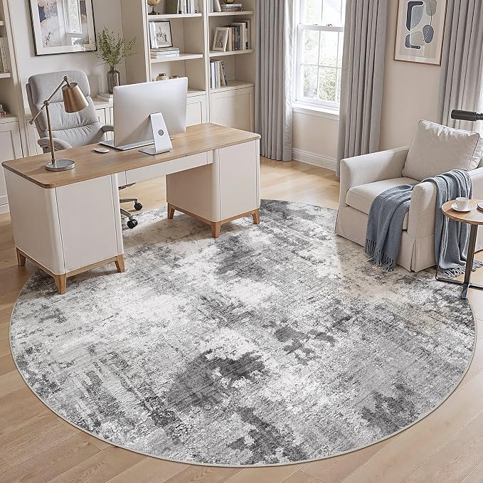 Abstract 10FT Round Rug: Machine Washable Non Slip Ultra Thin Low-Pile Carpet, Soft Stain Resistant for Living Dining Room Bedroom, Kid Pet Friendly, Robot Vacuum Compatible - Grey