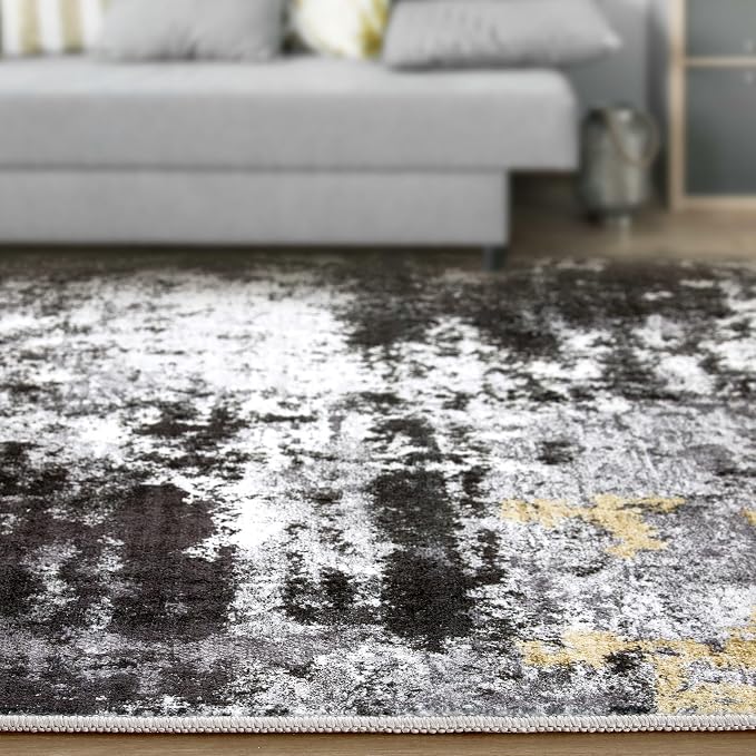 Abstract 12x14 Area Rug: Machine Washable Non Slip Ultra Thin Low-Pile Carpet, Soft Stain Resistant for Living Room Bedroom Office, Kid Pet Friendly, Robot Vacuum Compatible - Black Gold