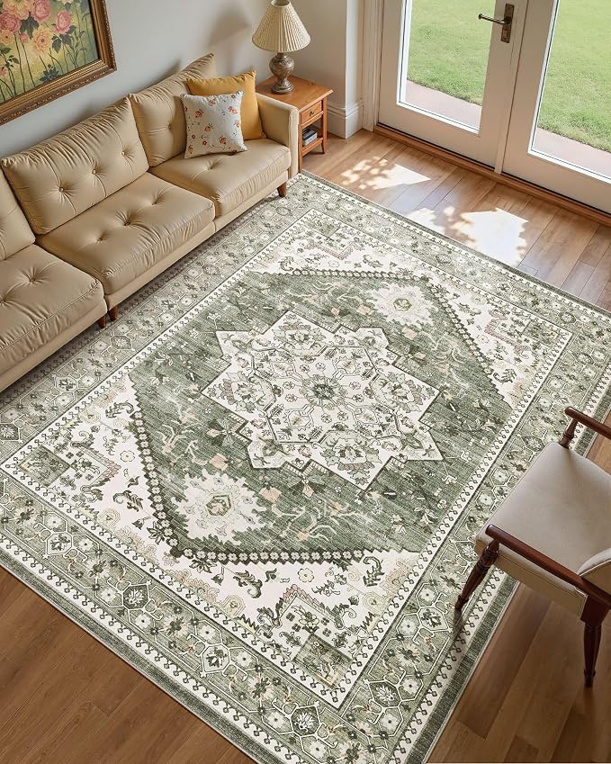 10x12 Vintage Area Rug: Washable Neutral Soft Non Slip Thin Large Floor Carpet for Living Room Bedroom Kitchen Dining Room Home Office Farmhouse Indoor - Green