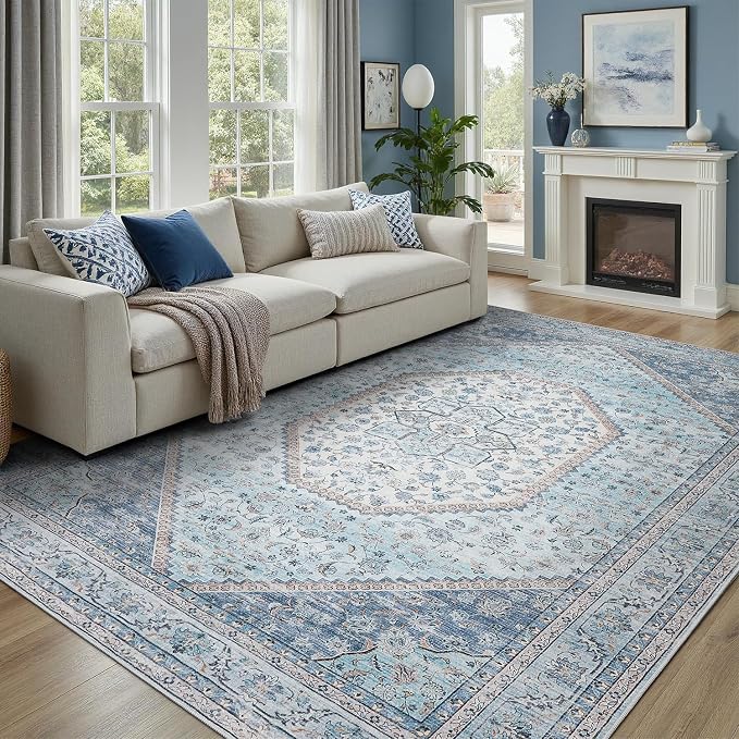 DCX Machine Washable Blue Rugs for Living Room 9x12, Non Slip Stain Resistant Vintage Floral Rug for Bedroom Nursery, Soft Low Pile Large Carpet