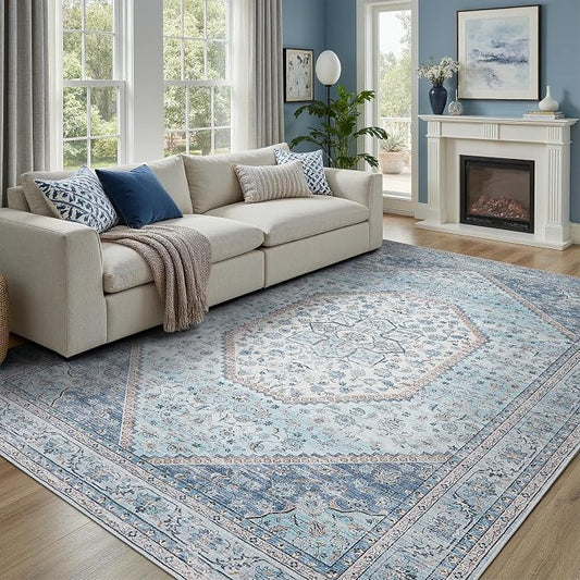 DCX Machine Washable Blue Rugs for Living Room 9x12, Non Slip Stain Resistant Vintage Floral Rug for Bedroom Nursery, Soft Low Pile Large Carpet