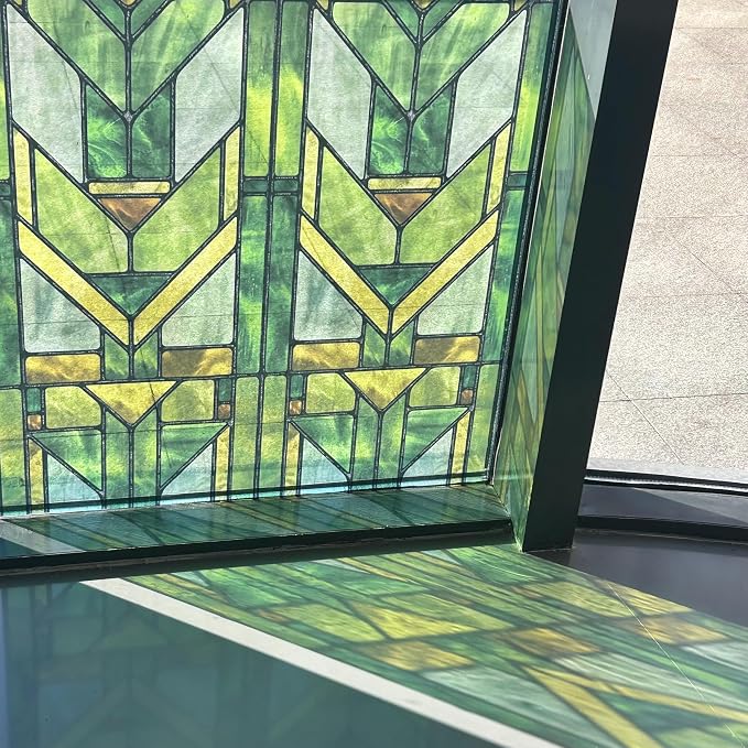 Faux Stained Glass Effect Transparent Window Film, Decorative Window Cling for Front Door Sliding Door Glass Film Decor Inspired by Frank Lloyd Wright, 29.53" x68.9" Martin House, Green
