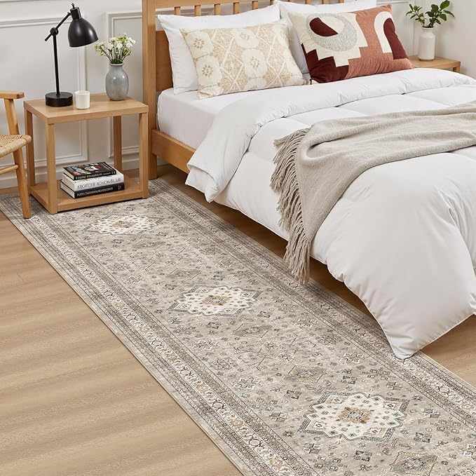 Vintage Hallway Runner Rug 2x6: Large Soft Washable Entryway for Kitchen Laundry Room Non-Slip Backing Runner for Entrance Living Room Bedroom Bathroom - Beige
