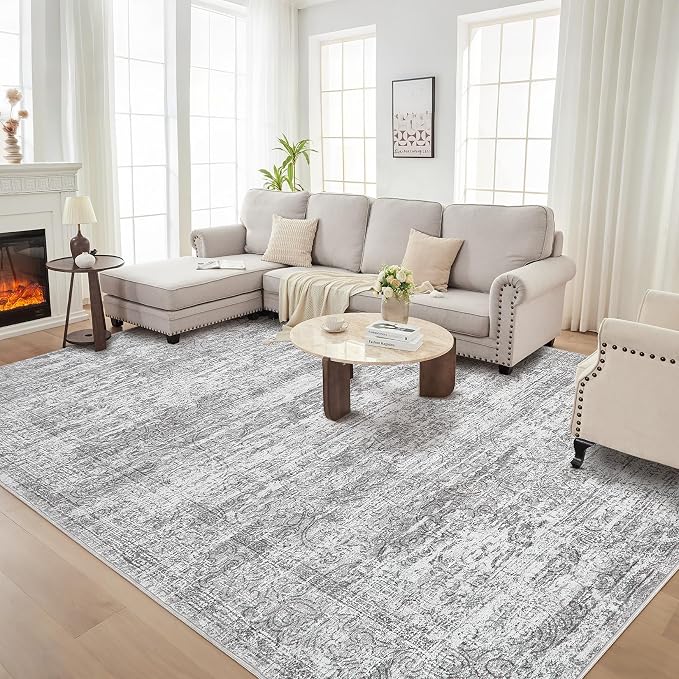 DMOYEST Area Rug Living Room Rugs - 10x14 Abstract Large Soft Indoor Washable Rug Neutral Modern Low Pile Carpet for Bedroom Dining Room Farmhouse Home Office - Vintage Grey