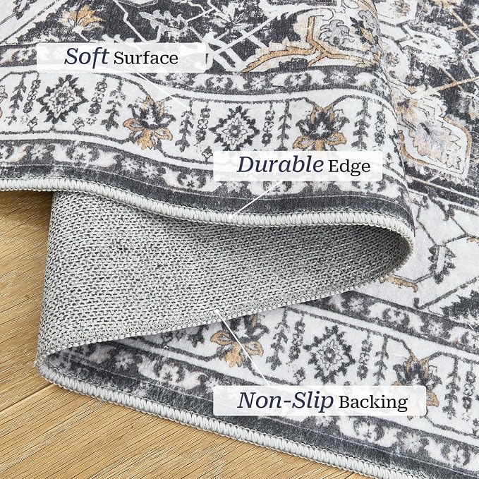 Madane Kitchen Runner 2'6''x8' Soft Rug Runners for Hallways, Black | Vintage Machine Washable Rugs 2.5x8 Ft, Non-Slip Low Pile Stain-Resistant 8ft Floor Carpet for Laundry Room, Corridor