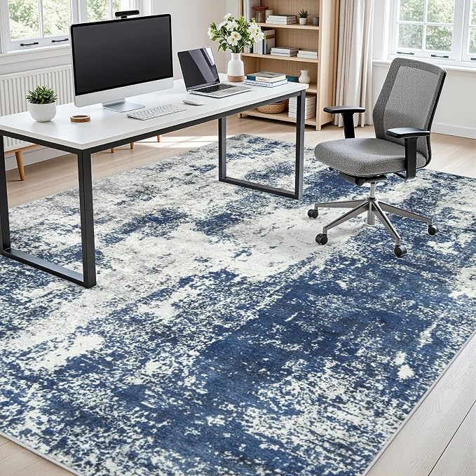 Area Rug Living Room Rugs: 8x10 Large Soft Indoor Carpet Modern Abstract Decor Rug with Non Slip Rubber Backing for Under Dining Table Nursery Home Office Bedroom Blue