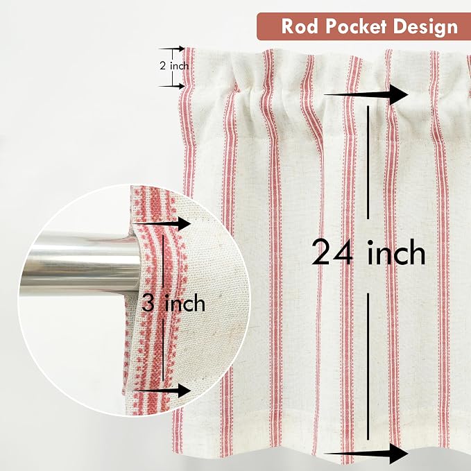 DriftAway Farmhouse Linen Lined Valance Double Layer Thermal Insulated Room Darkening Blackout Window Valances 3 Inch Rod Pocket Vertical Striped Kitchen Valance for Bathroom Single 52 x 24 Inch Red