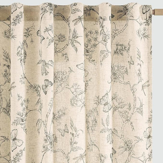 jinchan Floral Linen Curtains for Living Room 84 Inch Length Butterfly Curtains Grey French Country Farmhouse Flower Patterned Drapes Back Tab Rod Pocket Set 2 Panels