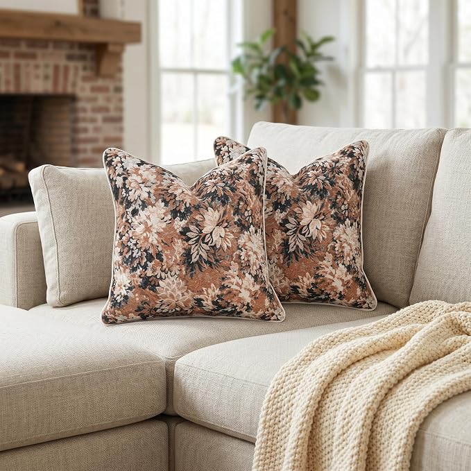 Vintage Floral Throw Pillow Covers 18x18 Inches Set of 2 Boho Farmhouse Pillow Cases Premium Chenille Textured Decorative Cushion Covers for Couch Retro Garden Farmhouse Style Caramel