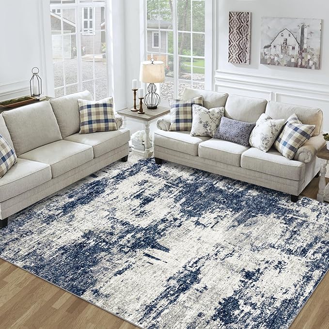 9x12 Area Rugs Living Room Rugs: Large Washable Rug with Anti-Slip Backing Non-Shedding Stain-Resistant Soft Abstract Carpet for Bedroom Dining Room Nursery Home Office - Gray/Blue