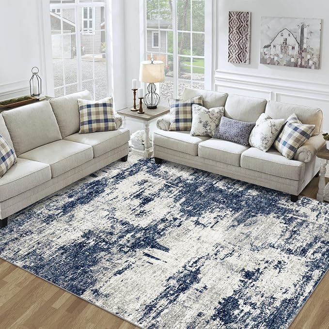 10x14 Area Rugs Living Room Rugs: Large Washable Rug with Anti-Slip Backing Non-Shedding Stain-Resistant Soft Abstract Carpet for Bedroom Dining Room Nursery Home Office-Blue/Gray
