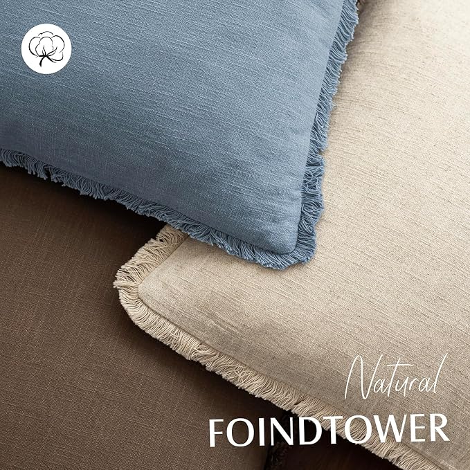 Foindtower Set of 2 Decorative Linen Fringe Throw Pillow Covers Cozy Boho Farmhouse Cushion Cover with Tassels Soft Accent Pillowcase for Couch Sofa Bed Living Room Home Decor, 16×16 Inch, Misty Blue