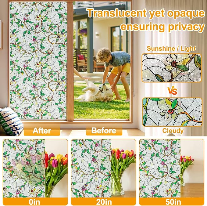 Window Privacy Film Stain Glass Window Film Rainbow Window Film Window clings Non-Adhesive Reusable Decorative for Room (Frosted Vine, 17.5 X 78.7 in)