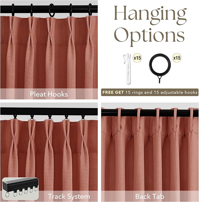 Terracotta Pinch Pleated Linen Curtains 120 Inch Length 2 Panels for Living Room Bedroom Textured Semi Sheer Drapes Pinch Pleat Rings Window Curtain 40x120