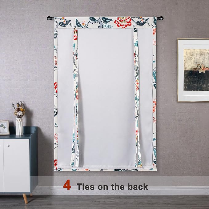 DriftAway Ada Floral Botanical Print Flower Leaf Lined Thermal Insulated Room Darkening Blackout Tie Up Window Curtains 2 Layers Each 31 Inch by 47 Inch Ivory Orange Teal