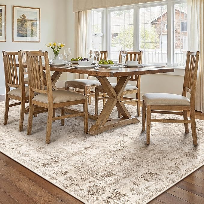 8x10 Washable Neutral Area Rug Beige Vintage Living Room Bedroom Carpet Non-Slip Soft Medium Pile Floral Indoor Large Throw Rug for Dining Room Office