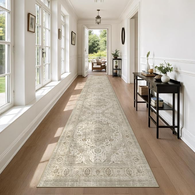 Washable Runner Rug 2.6x12 Runners for Hallways, Ultra-Thin Carpet Runners for Entryway Anti Slip Backing Runner Rugs for Kitchen Laundry Room Indoor Hallway (Ivory/Beige)