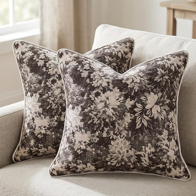 Vintage Floral Throw Pillow Covers 20x20 Inches Set of 2 Boho Farmhouse Pillow Cases Premium Chenille Textured Decorative Cushion Covers for Couch Retro Garden Farmhouse Style Coffee