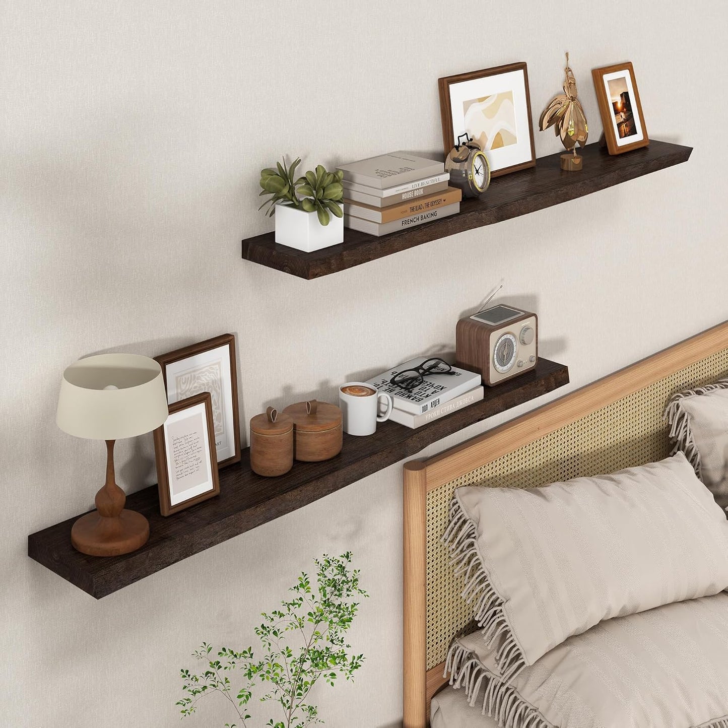 Axeman 48 inch Floating Shelves for Wall - 8'' D Live Edge Rustic Solid Elm Wood Floating Shelves Wall Mounted, Hanging Shelves with Invisible Bracket for Living Room Bedroom Kitchen, Walnut