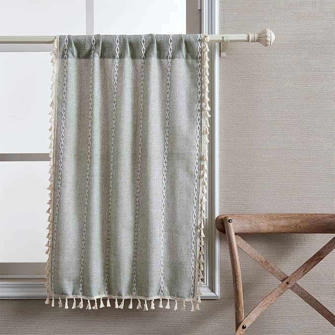 RoomTalks Green Boho Farmhouse Kitchen Curtains 54 Inch Length French Striped Modern Vintage Chic Textured Tassel Charcoal Short Cafe Curtains for Small Window Kitchen Bathroom Decor