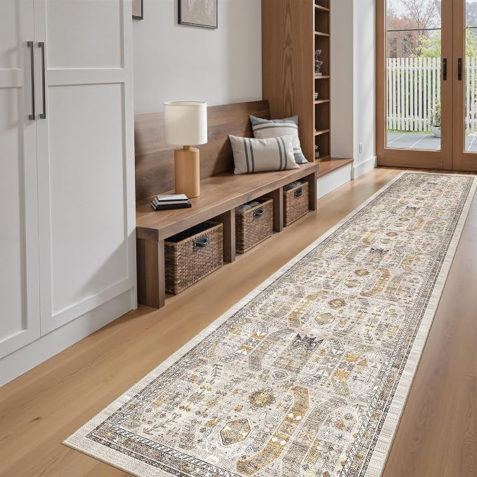 Madane Washable Runner Rugs 2x10 Long for Hallway Kitchen, Brown/Gold | Non-Slip Low-Pile 10ft Rug Runners Soft, Stain-Resistant Floor Carpet Mat for Entrance, Living Dining Laundry Room, Stair