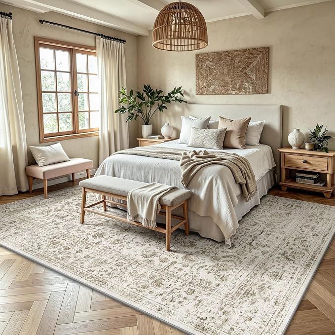 6x9 Area Rugs, Washable Vintage Retro Floral Rug for Living Room, Low Pile Non Slip Distressed Large Carpet for Bedroom, Dining Room, Office, Home (Brown)