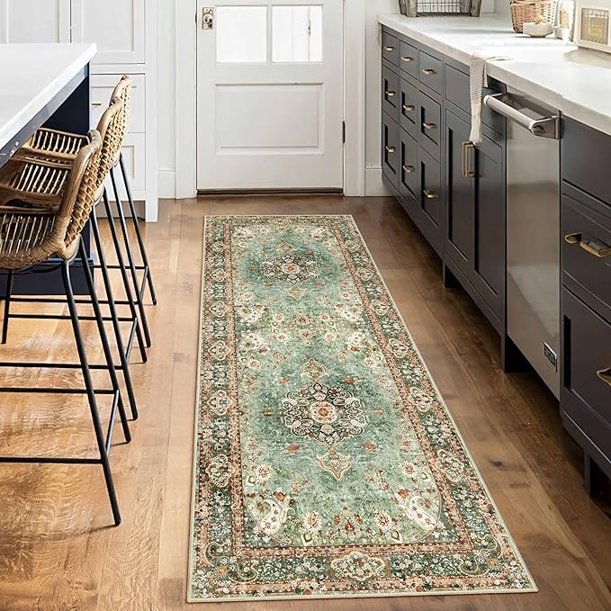 Washable Runner Rug 2'x6',Green Rug Runners Non Slip,Long Boho Rugs for Hallways Kitchen Bedroom Entryway Living Room Bathroom,Vintage Bohemian Distressed Oriental Floor Carpet