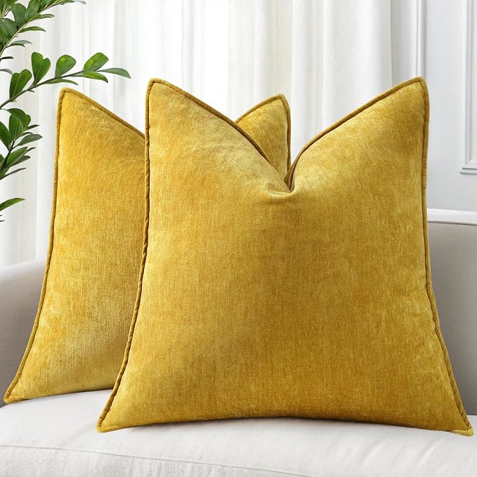 decorUhome Fall Couch Euro Sham Throw Pillow Covers 22x22 Set of 2, Decorative Soft Velvet Modern Cozy Chenille Pillow Cases with Elegant Design for Sofa Bed Living Room Home Decor, Mineral Yellow