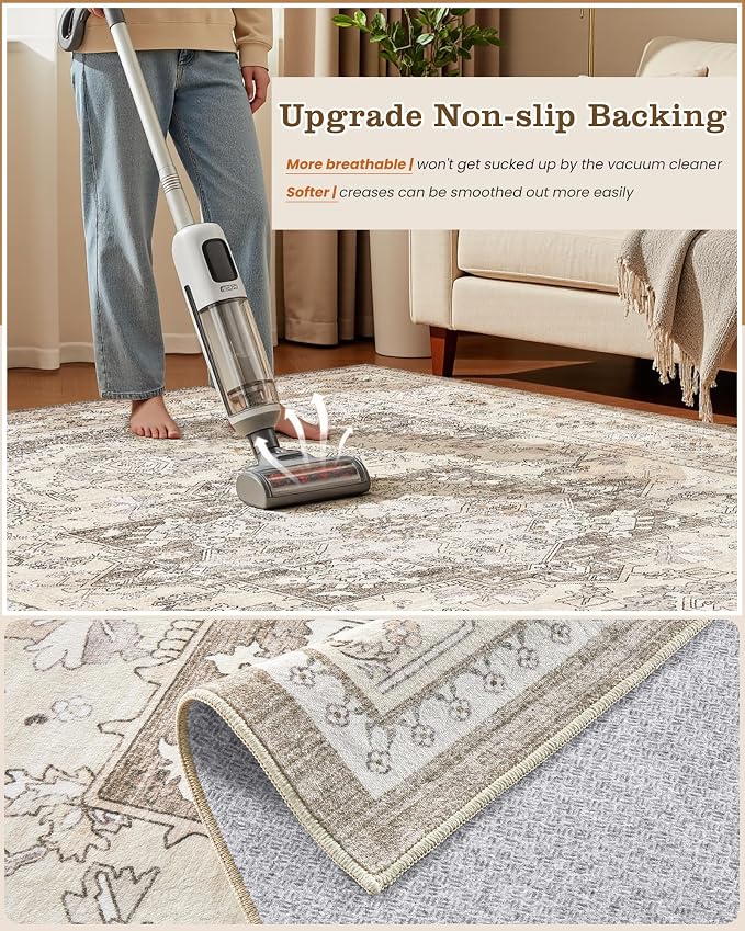 9x12 Vintage Area Rug: Washable Neutral Soft Non Slip Thin Large Floor Carpet for Living Room Bedroom Kitchen Dining Room Home Office Farmhouse Indoor - Brown
