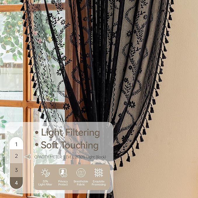 WAZZIO Boho Lace Curtains 63 Inch -Vintage Victorian Sheer Panel Drape Floral Pattern & Tassel Light Filtering Privacy for Bedroom Dining Living Room,Black Gothic Halloween Decor,2 Panels,W52 x 63L
