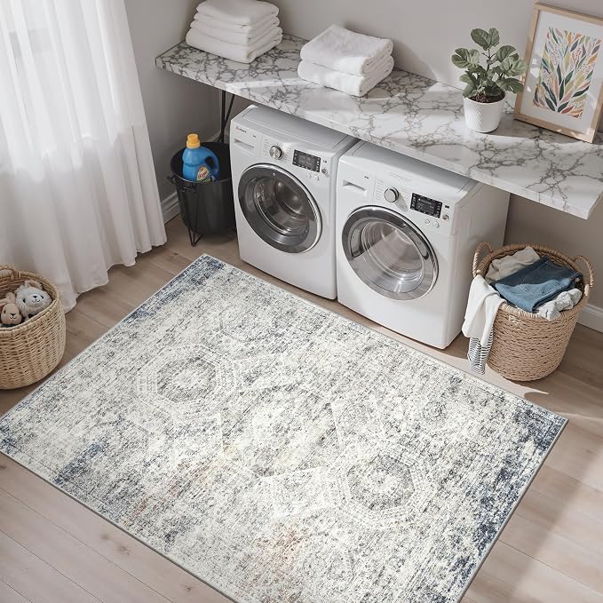 Soalmost 3x5 Rug, Small Area Rug for Kitchen, Entryway, Machine Washable Non-Slip Throw Rug, Vintage Carpet for Nursery Coffee Table Blue Ivory