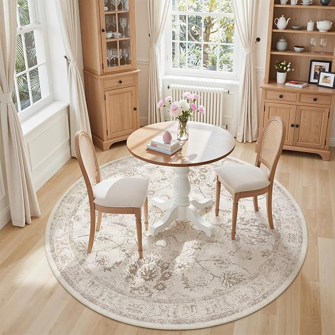 Madane Washable Round Rug 6ft for Living Room, Soft Ultra-Thin Non-Slip Vintage Floral Circle Area Rug, 6x6 Round Throw Carpet for Entryway Nursery Bedroom Kitchen Dining Room (Brown/Ivory, 6'Round)