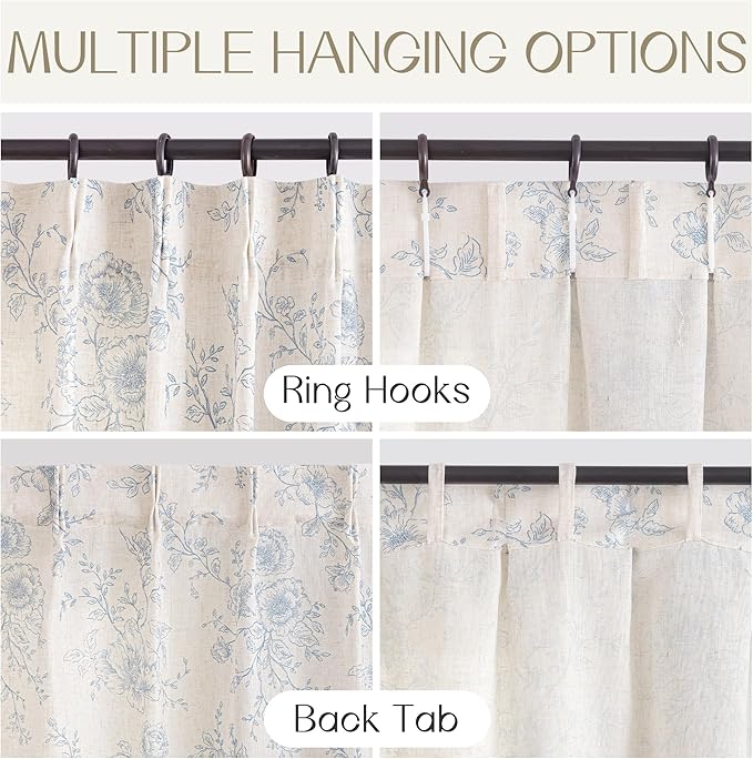 Pinch Pleat Floral Linen Curtains 120 inch Long Blue and Cream Memory Trained Curtain Light Filtering Living Room Farmhouse Flower Pattern Printed Pleated Drapes with Hooks 2 Panels 40“W x 120"L
