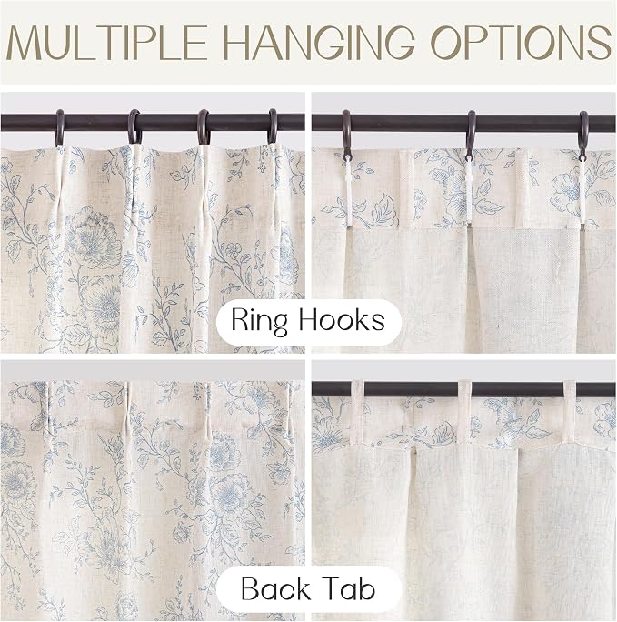 Pinch Pleat Floral Linen Curtains 90 inch Long Blue and Cream Memory Trained Curtain Light Filtering Living Room Farmhouse Flower Pattern Printed Pleated Drapes with Hooks 2 Panels 40“W x 90"L