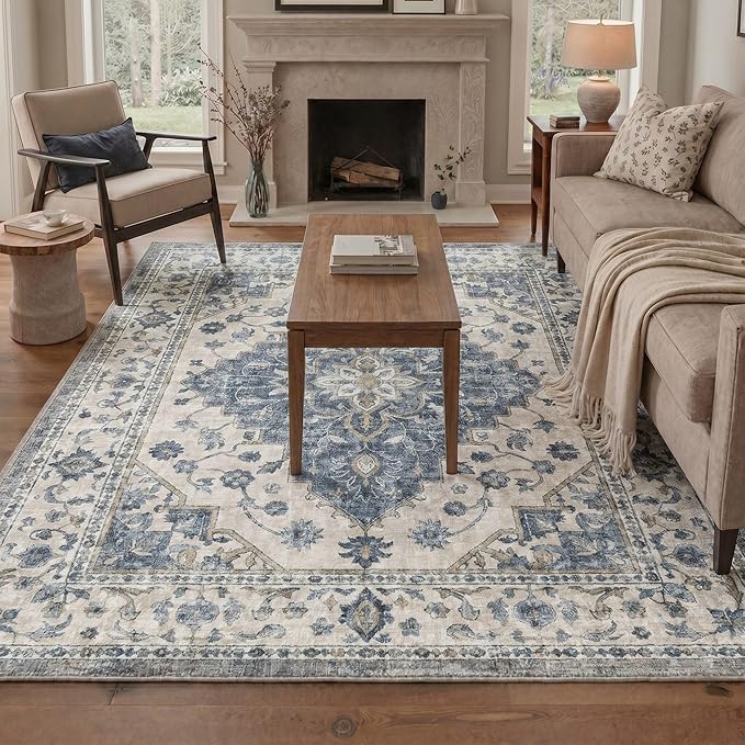 GENIMO 2x5 Runner Rugs for Hallway Kitchen and Laundry Room Non Slip Low Pile Machine Washable Lightweight Print Rug for Bedroom Bathroom Entryway, Floral Medallion, Dusty Blue