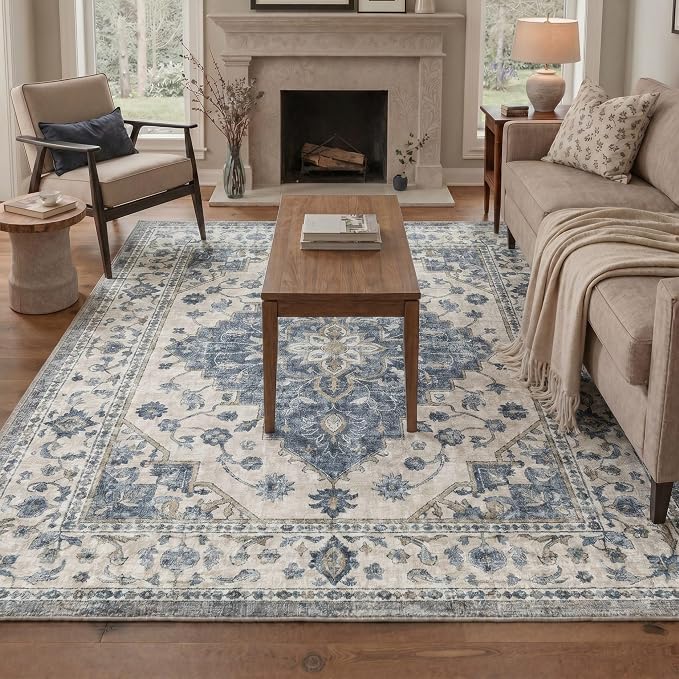GENIMO 5x7 Floral Medallion Area Rug Machine Washable Non Slip Low Pile, Lightweight Print Pattern Rugs for Living Room Bedroom Dining Room, Dusty Blue