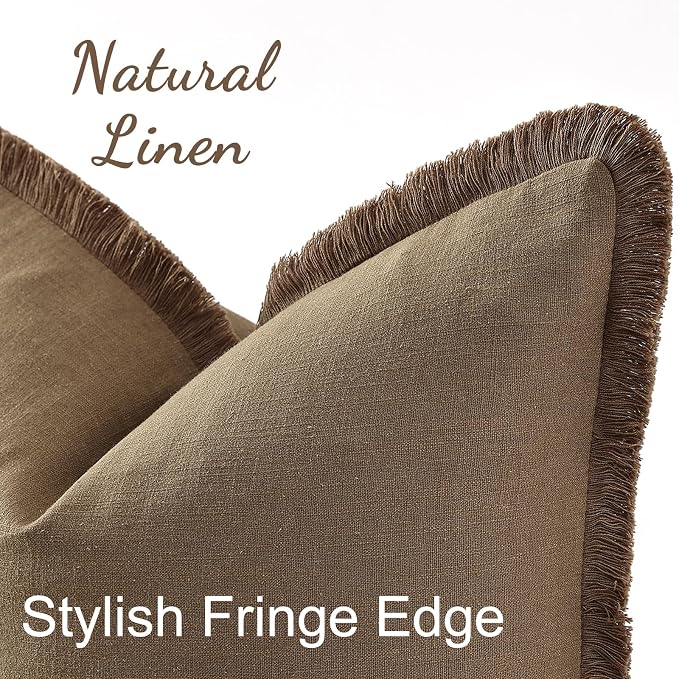 decorUhome Linen Fringe Throw Pillow Covers Set of 2 Decorative Light Brown Pillow Covers with Tassels Soft Accent Boho Farmhouse Pillow Cases for Couch Bed Sofa 18x18 Inch