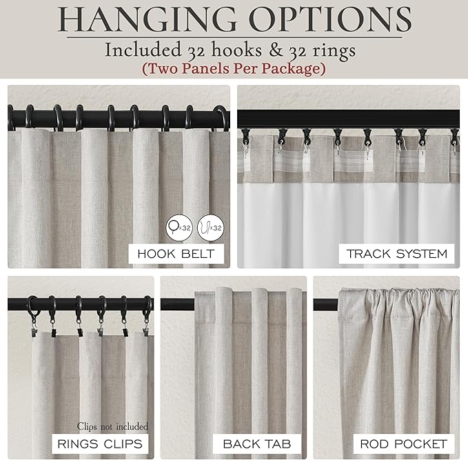 Blackout Extra Long Curtains & Drapes 105 Inches Long 2 Panels Set, Lush Pinch Pleated Natural Melange Flax Linen Textured 106 inch Large Windows Drapes with Pin Hooks&Back Tab Curtain (50"Wx105"L)