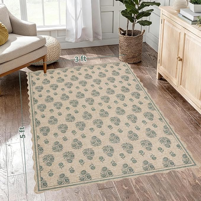 ORTIGIA Scalloped Easy Jute 3x5 Area Rug Vintage Green Floral Accent Farmhouse Washable Rug Non-Slip Indoor Outdoor Carpet for Living Room Bedroom Kitchen Patio Entryway