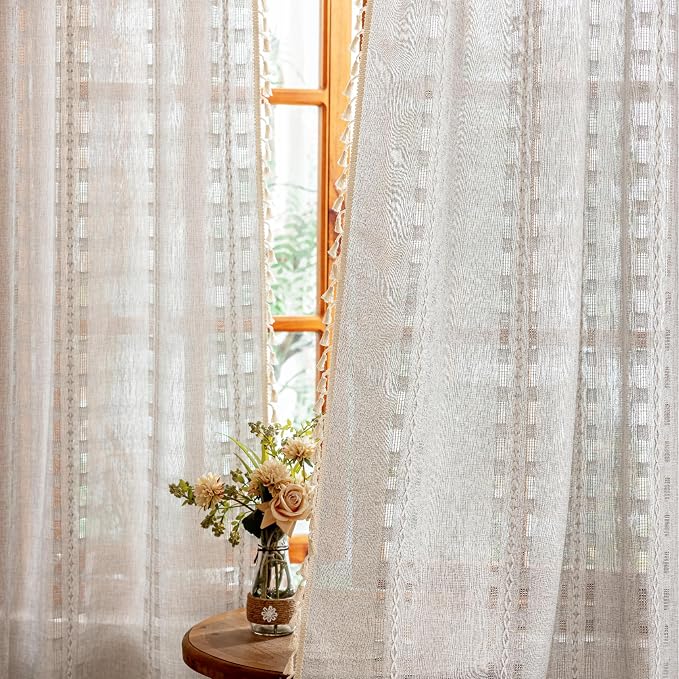 Boho Sheer Light Gray Curtains 84 inches Long 2 Panels for Living Room Bedroom,Farmhouse, Bohemian Beige Tassels Country Light filtering Curtains Shabby Chic Embroidery Striped Draps Back Tab, 50" W