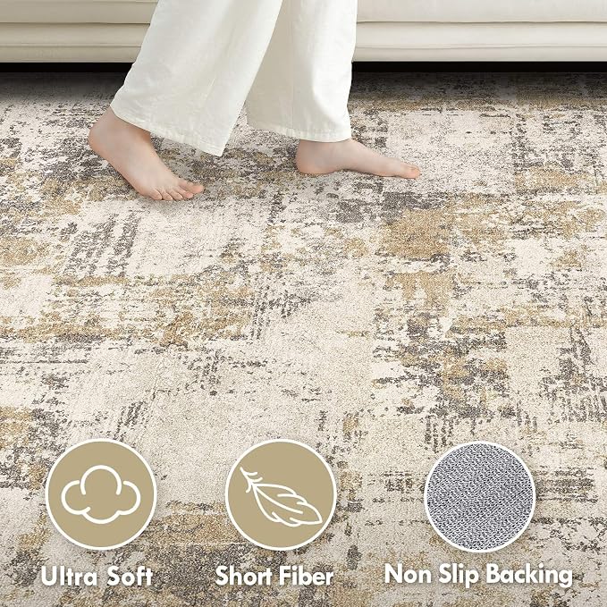 Tortania Washable 9x12 Area Rug for Living Room: Modern Abstract Neutral Large Soft Thin Rugs - Non Slip Indoor Carpet for Bedroom Dining Room Office Nursery Home Floor Decoration - Beige/Brown/Gray