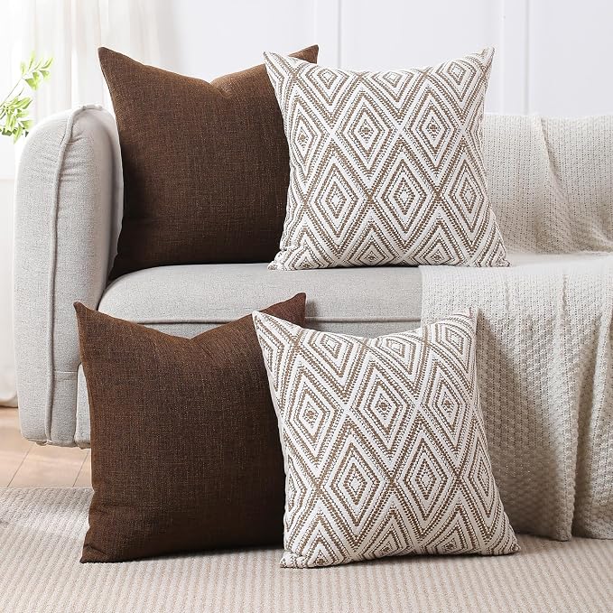 HPUK Throw Pillow Covers 18x18 Inch Set of 4, Linen Decorative Pillow Covers, Accent Cushion Covers for Couch Sofa Bed Bedroom Living Room Décor, Chocolate
